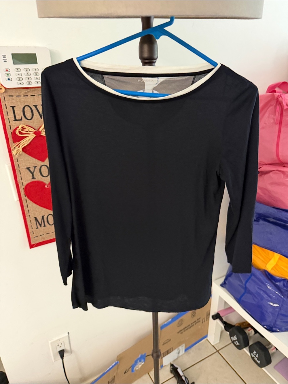 Women's Black Long Sleeve Crewneck Top with Contrast Trim